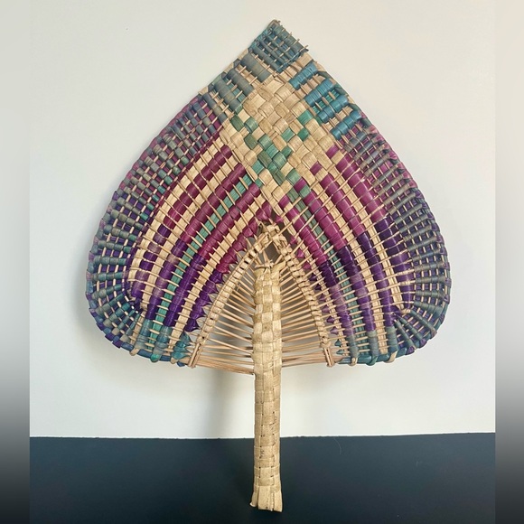 Hand Crafted Accessories - Hand Crafted Woven Palm Bamboo Fan Bohemian Boho Purple Green Natural Materials